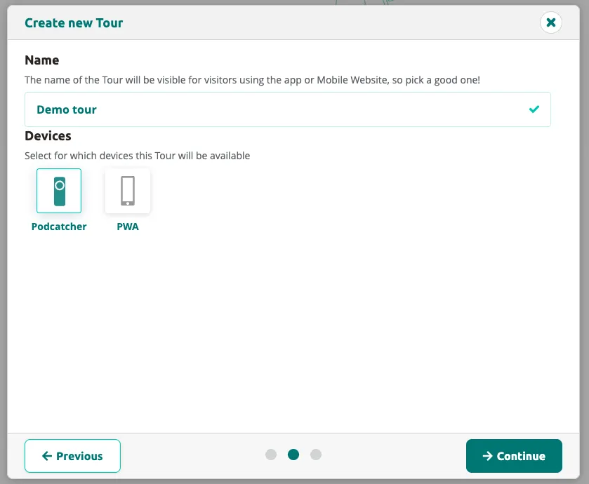 Step 2 — enter a tour name and select the target devices.