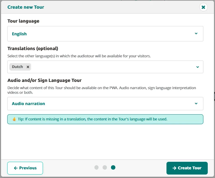 Step 3 — select the main tour language and optional translations.