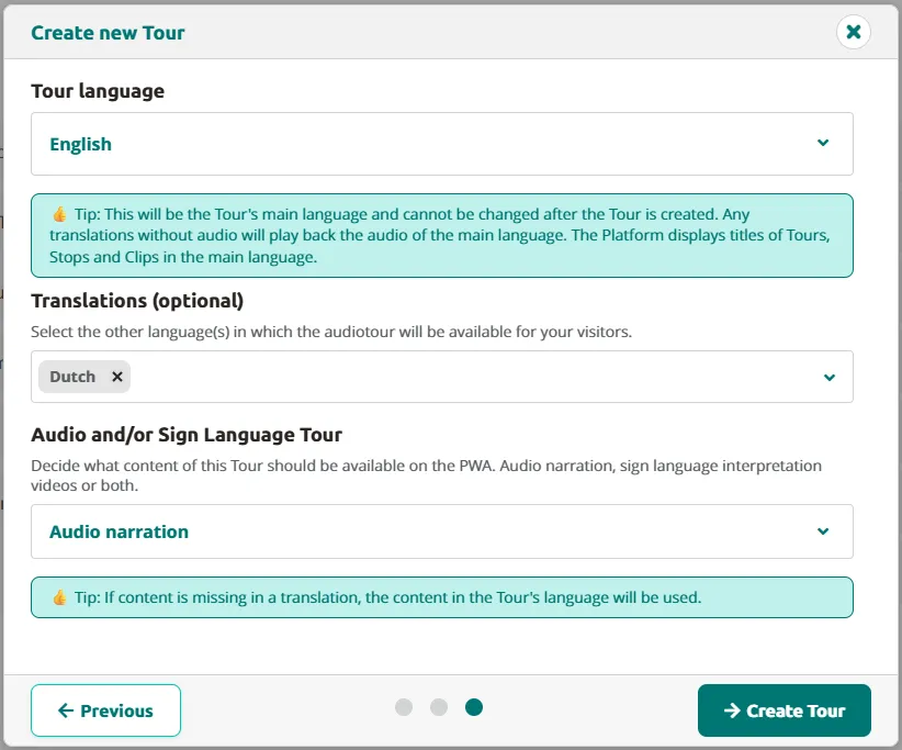 Step 3 — select the main tour language and optional translations.