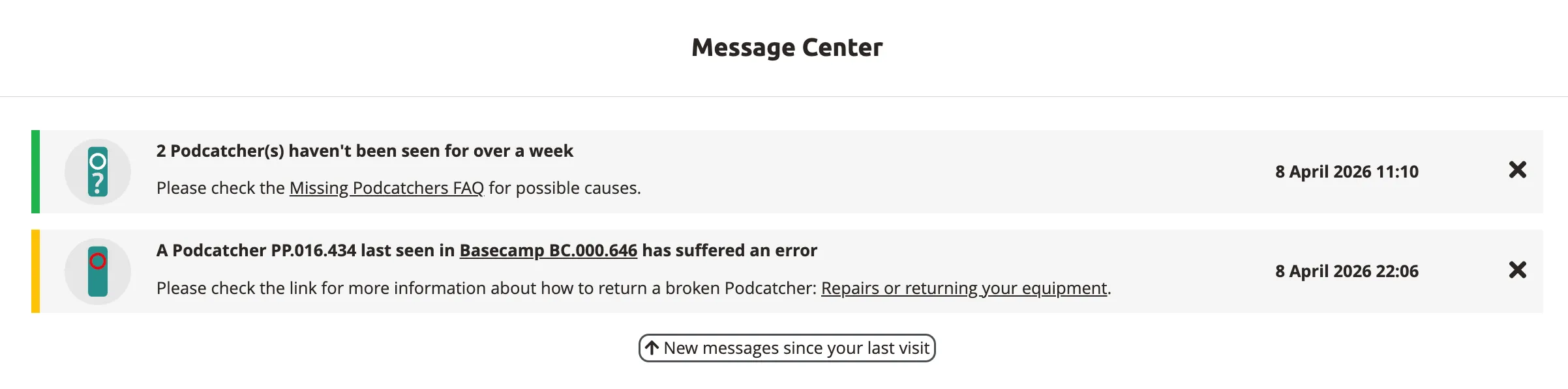 Message Center — Podcatcher error and missing device notifications with dates and action links.