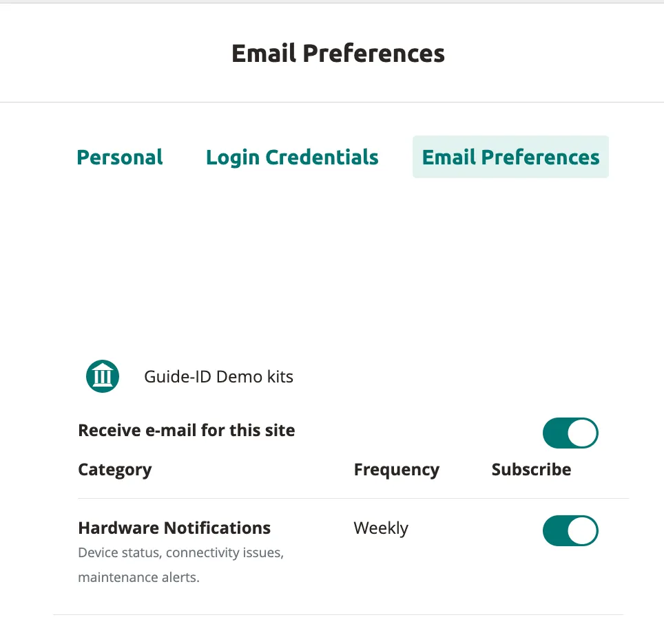 Email Preferences tab with hardware notification toggle for weekly updates.