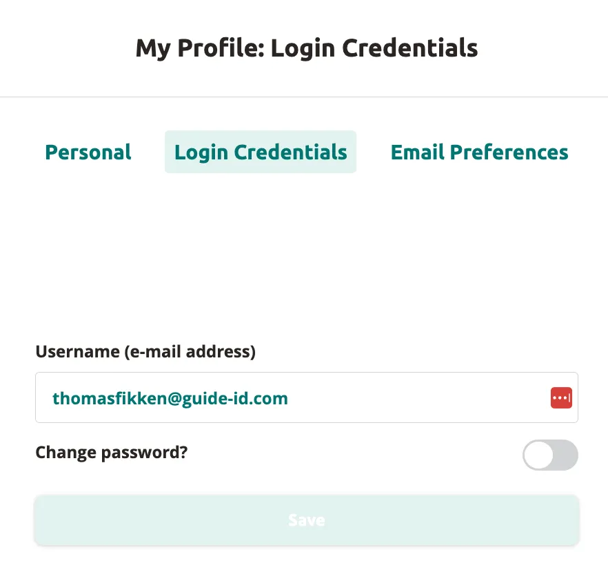 Login Credentials tab with username field and change password toggle.