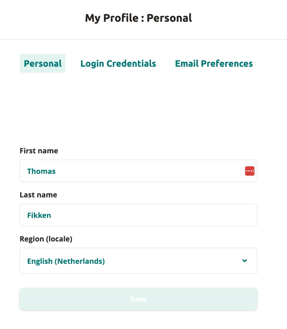 Personal tab showing fields for first name, last name, and region.