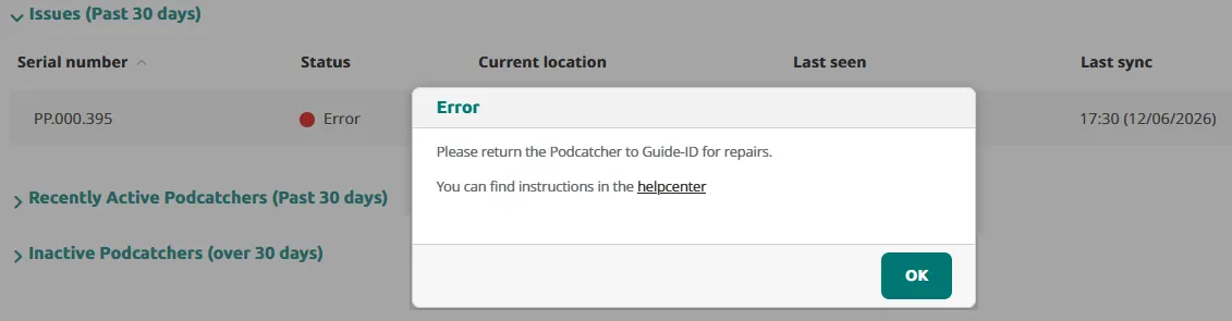 Platform error dialog — "Please return the Podcatcher to Guide-ID for repairs" with a link to the help center.