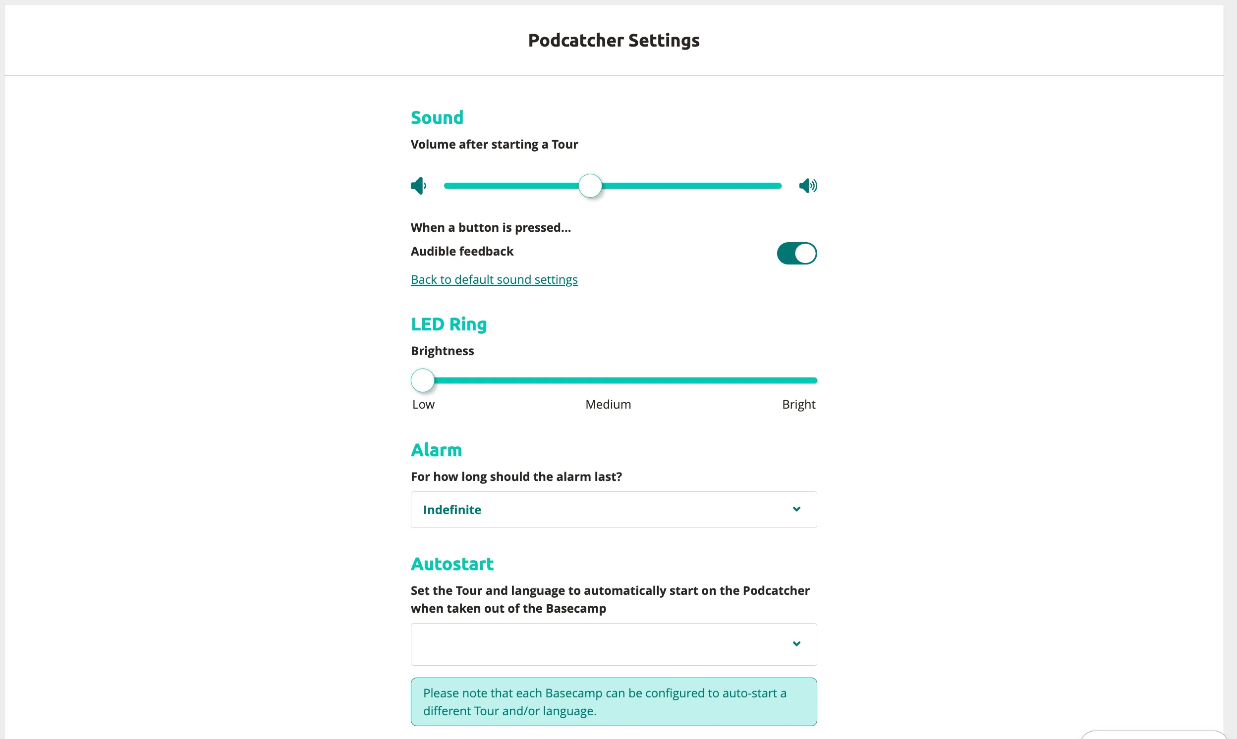 Podcatcher Settings — sound volume, audible feedback, LED ring brightness, alarm duration, and autostart configuration.