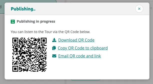 Publishing in progress — a QR code is displayed to preview the tour.
