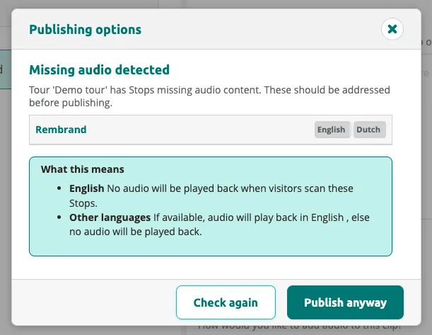 Missing audio detected — the dialog shows which stops and languages are missing content.