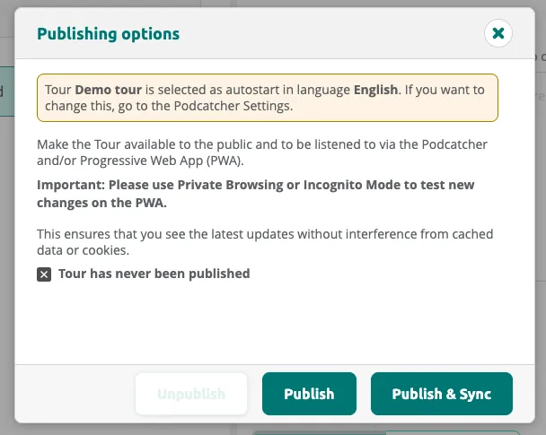 The Publishing options dialog — shows the current state and Publish buttons.