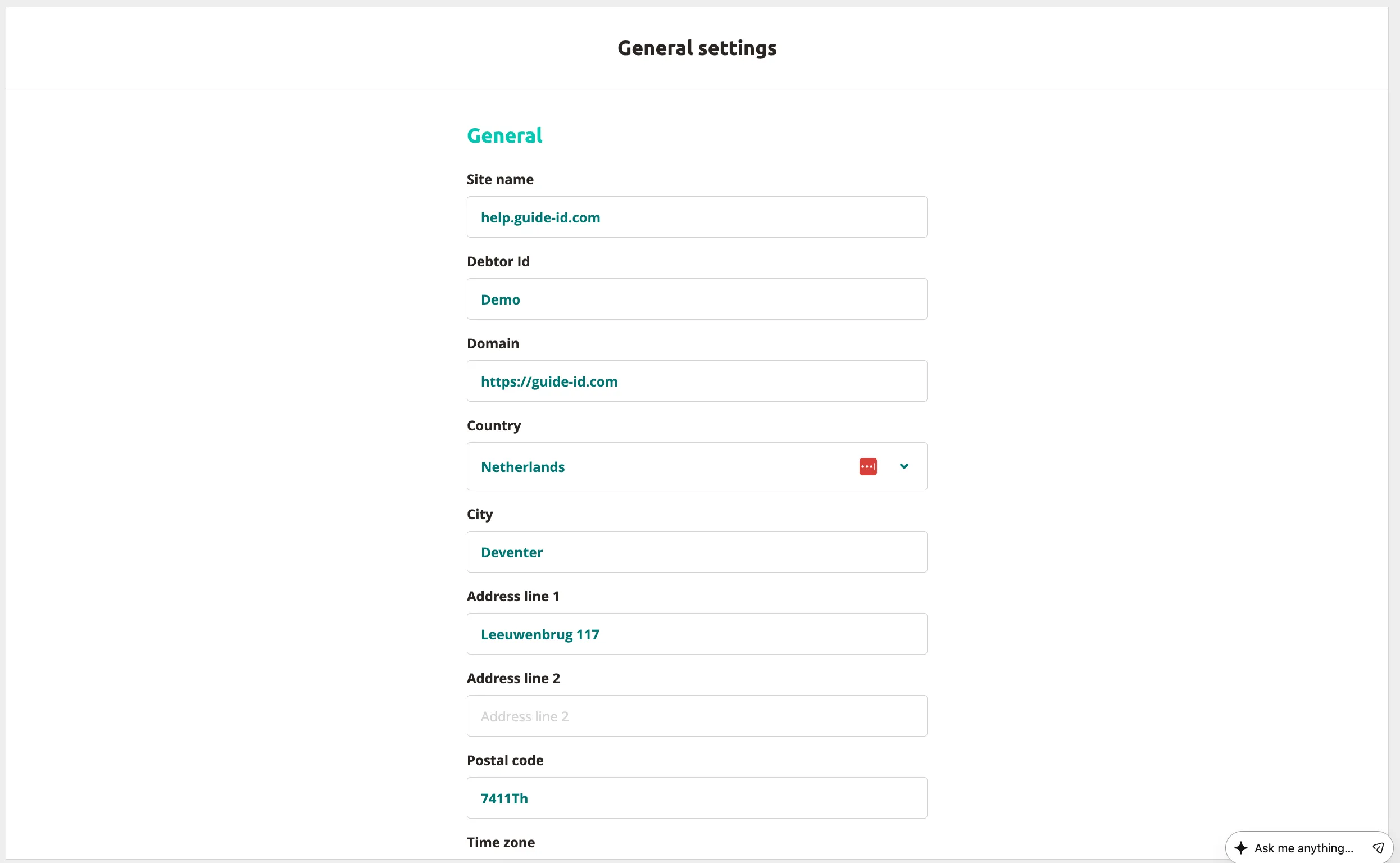 General settings page showing site name, debtor ID, domain, country (Netherlands), city (Deventer), address, postal code.