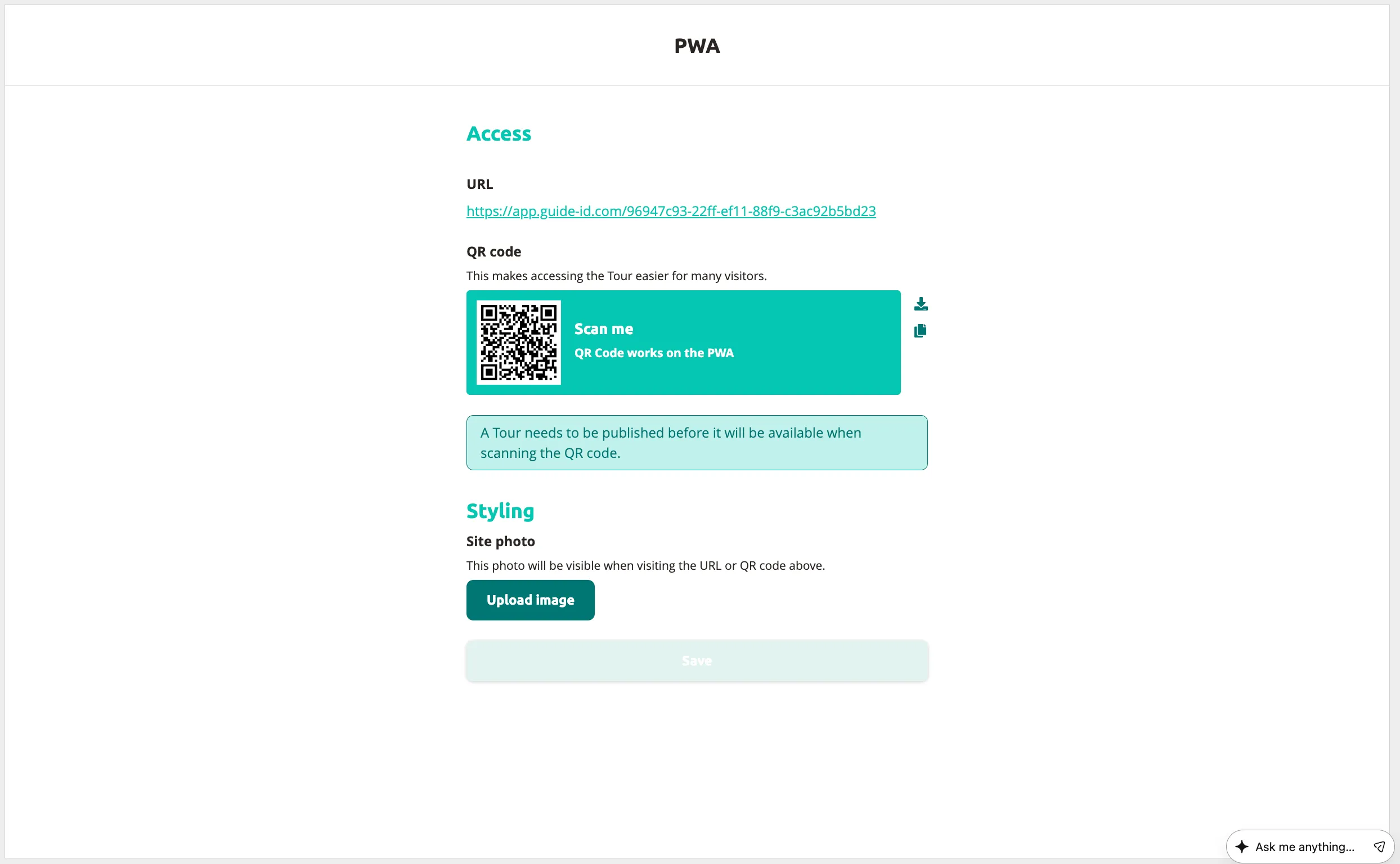 PWA settings — access URL, QR code for visitors, and site photo upload for the PWA landing page.