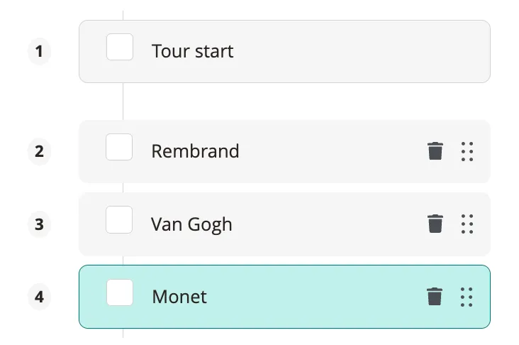 The stop list showing four stops — Tour start, Rembrand, Van Gogh, and Monet (selected).
