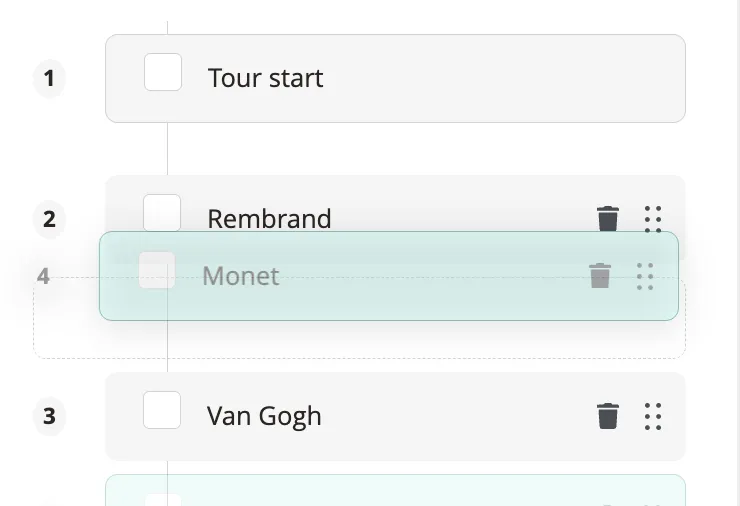 Reorder stops by dragging — Monet is being moved between Rembrand and Van Gogh.
