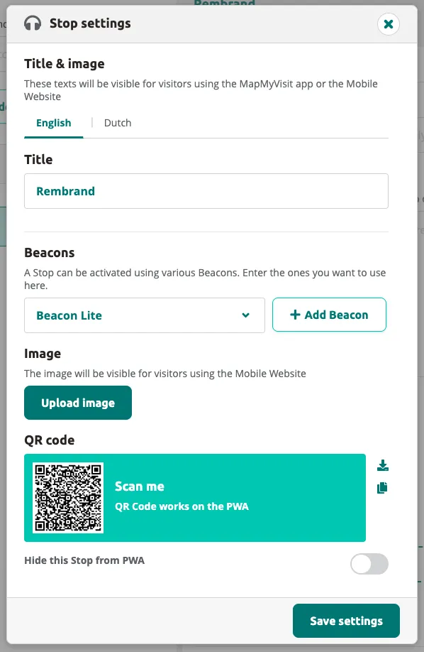 The Stop Settings panel — shows title, beacon section, image, and QR code.