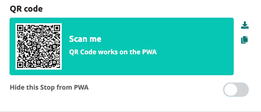 Stop Settings — QR code section with the option to hide the stop from the PWA.