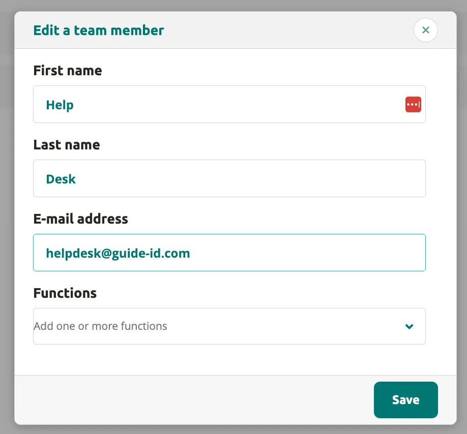 Edit team member dialog with fields for first name, last name, email, and a functions dropdown.