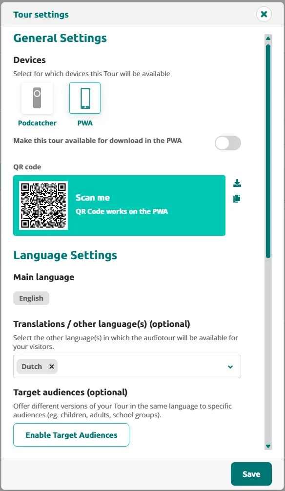 Tour Settings — devices, QR code, language settings, target audiences, and scoring.