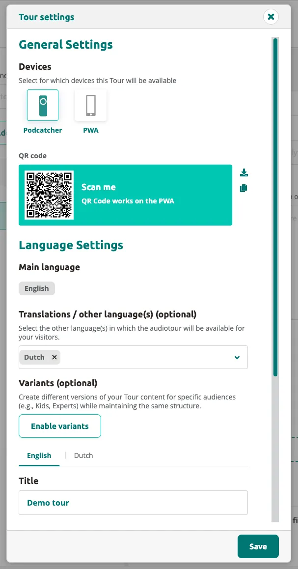 Tour Settings — devices, QR code, language settings, and scoring.