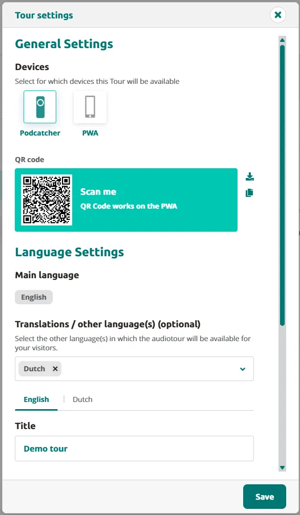 Tour Settings — Geräte, QR-Code, Spracheinstellungen und Bewertung.