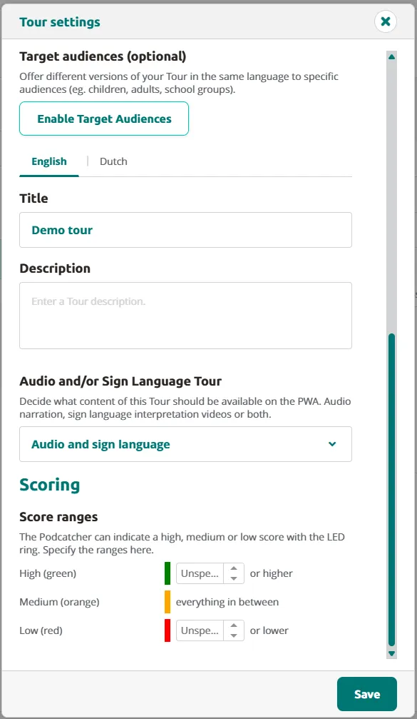 Tour Settings — score ranges.