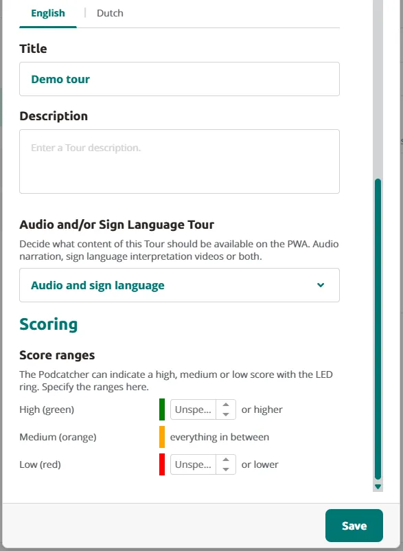 Tour Settings — score ranges.