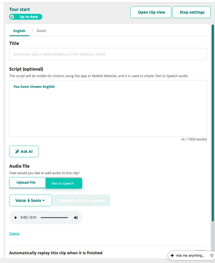 The automatically created Start Stop with default content and Text-to-Speech audio.
