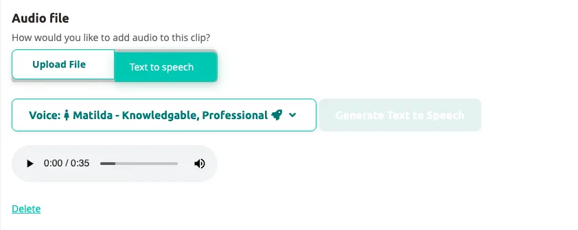 Generated audio ready for preview — 0:35 duration with playback controls.