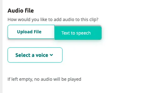 The Audio file section — choose between Upload File and Text to Speech.
