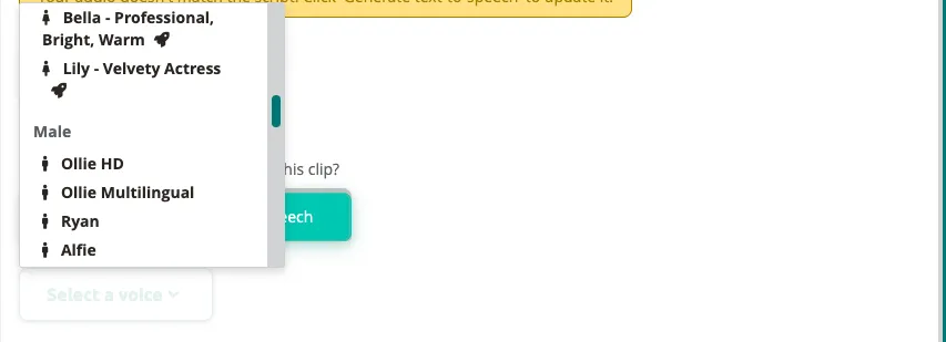 Voice dropdown — choose from voices like Bella, Lily, Ollie HD, Ryan, and more.
