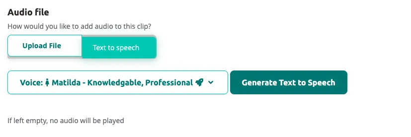 Voice selected (Matilda) — click Generate Text to Speech to create the audio.